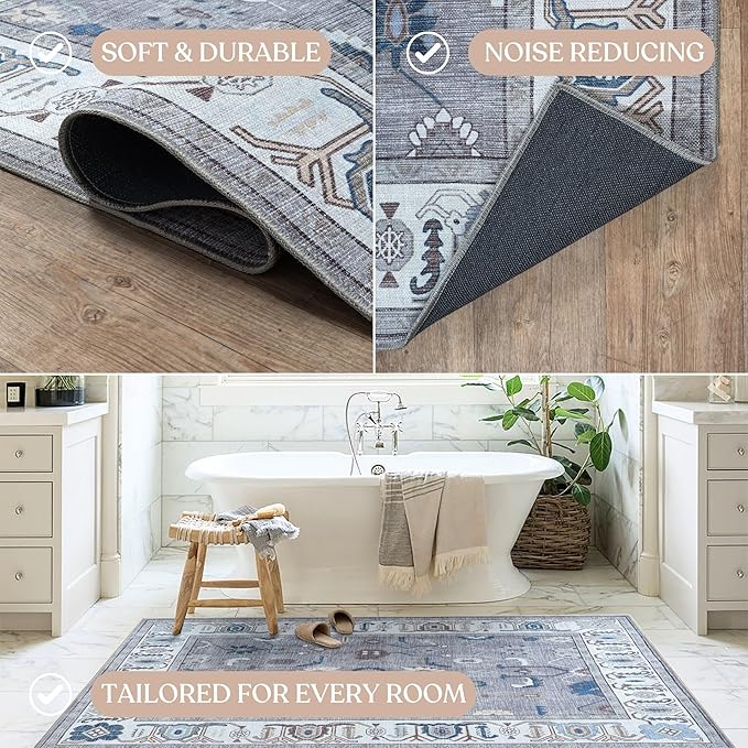 Fame Living Grey Oushak Rug, Modern, Vintage, Turkish, Eclectic, Floral, Pastel, Washable, Area Rugs for Living Room, Dining, Bedroom, Nursery, Girls, Boys, 5'9"x8'9"