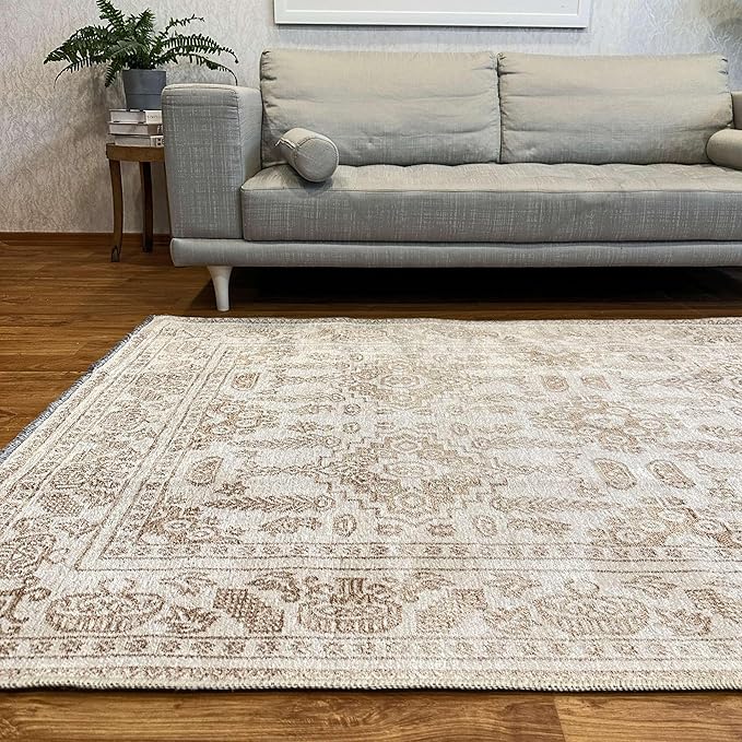 Alfa Rich 7x10 Beige Off White Washable Area Rugs for Living Room Bedroom Kitchen Dining Cotton Rug