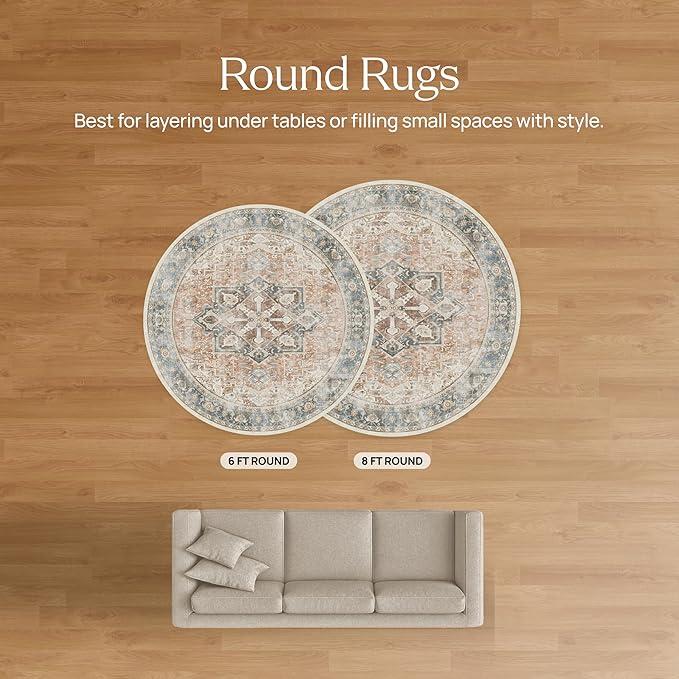 RUGGABLE Washable Vintage Area Rug – Verena Dark Wood 6 ft Round, Stain-Resistant, Non-Slip – Medium Machine Washable Rugs for Living Room, Bedroom, Hallway, Entryway & Office–with Cushioned Pad