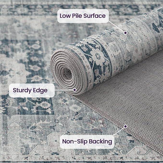 DEXI 5x8 Area Rug for Living Room, Washable Vintage Farmhouse Thin Rug Indoor Floor, Non Slip Stain Resistant Low Pile Carpet for Dining Room Bedroom Office, Blue Grey