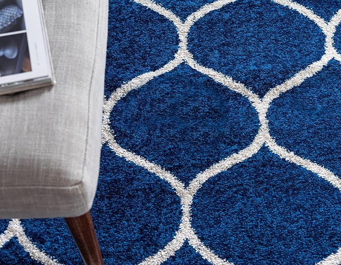 Rugs.com Lattice Frieze Collection Rug – 10' x 13' Navy Blue Medium Rug Perfect for Living Rooms, Large Dining Rooms, Open Floorplans