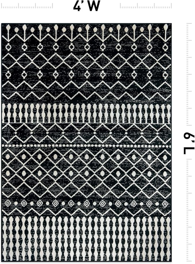 Rugshop Boho Black and White Tribal Area Rug – Geometric Diamond and Stripe Pattern Carpet for Living Room, Bedroom, or Entryway – Soft Modern Bohemian Floor Décor 4' x 6' Black