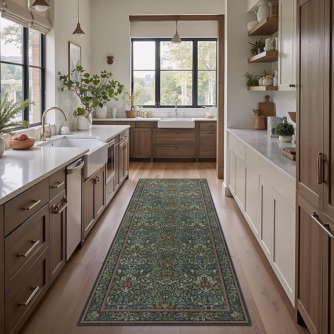 Bavni Floral Hallway Runner Rug 2'6" x 8', Washable Non Skid Boho Carpet for Entryway Kitchen Laundry Room, Soft Ultra Thin Botanical Long Runner for Indoor Floor Decor, Dark Green