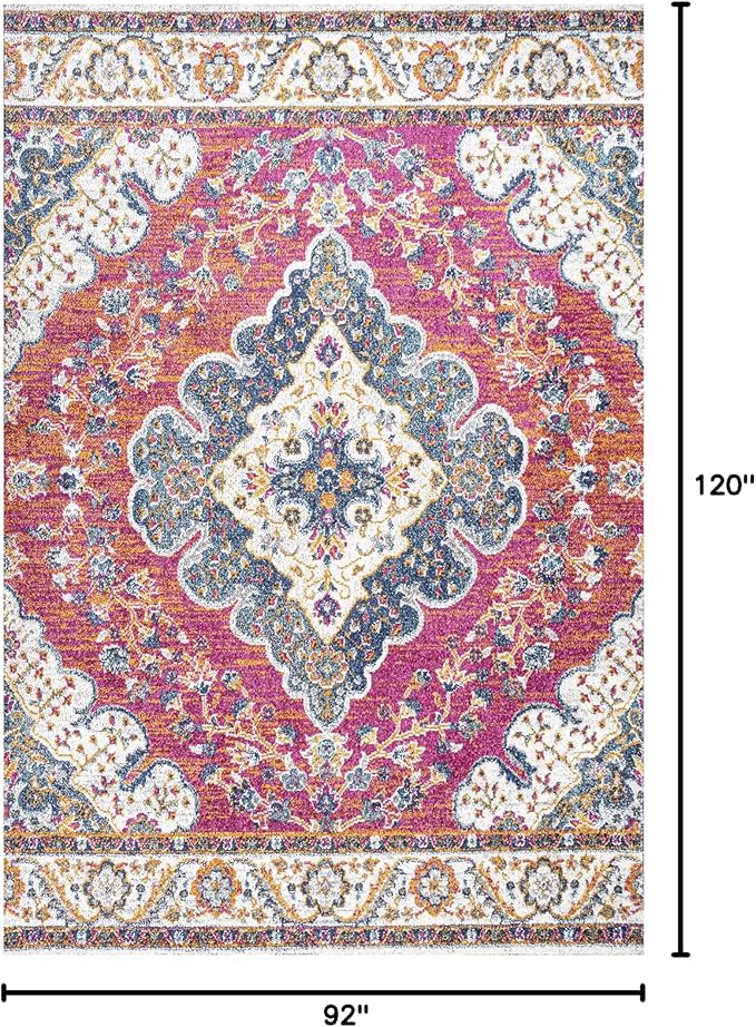 JONATHAN Y Boho Vintage Fuchsia/White Indoor Area Rug, 8x10, Bohemian Flair Medallion, Floral Easy-Cleaning High Traffic for Living Room, Bedroom, Kitchen, Pet-Friendly, Non-Shedding (BMF106C-8)