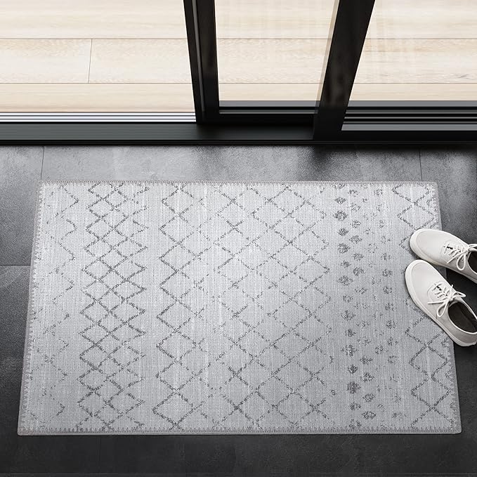 GLN Rugs Contemporary Collection - Machine Washable Area Rug, Contemporary Washable, Non Slip, Low Pile Chenille Rug, Living Room, Bedroom, Kitchen Rug (3' x 5' Gray 0166)