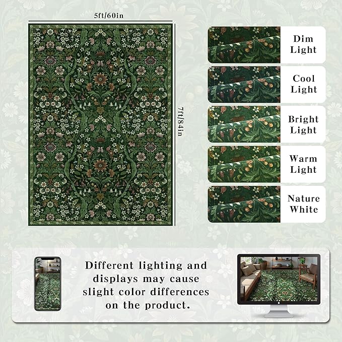 5×7 Dark Green Washable Floral Area Rug,Vintage Boho Soft Low-Pile Living Room Rugs, Stain Resistant Botanical Non-Slip Carpet for Bedroom,Dining Room, Kids Nursery,Home Decor
