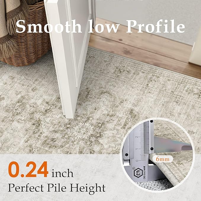 HUGEAR Washable 6x9 Area Rugs Retro Beige Living Room Bedroom Rug Vintage Distressed Non Slip Stain Resistant Low Pile Neutral Throw Carpet for Home Decor