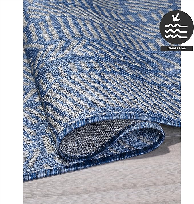 FH Home Flat Woven Outdoor Rug - Waterproof, Easy to Clean, Stain resistant - Premium Polypropylene Yarn - Modern Abstract - Patio, Deck, Porch, Balcony,Laundry Room - Suez - Blue - 3ft 11in x 5ft 6in