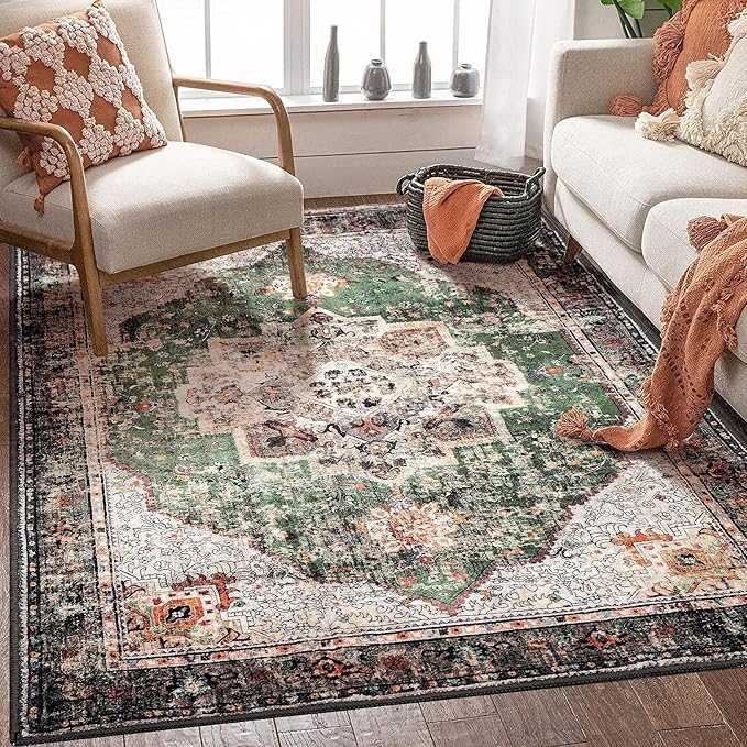 4x6.5 Green Boho Area Rug Vintage for Kitchen Living Room Bedroom Dining Room Office Non Slip Low Pile Indoor Floor Distressed Carpet