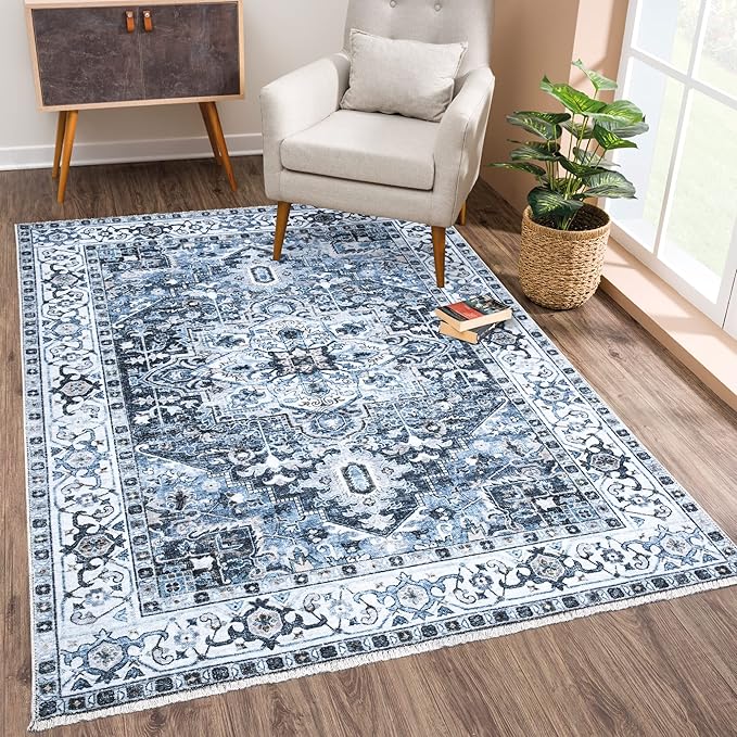 Bloom Rugs Caria Washable Non-Slip 8x10 Rug - Navy Blue Traditional Area Rug for Living Room, Bedroom, Dining Room, and Kitchen - Exact Size: 7'8" x 10'