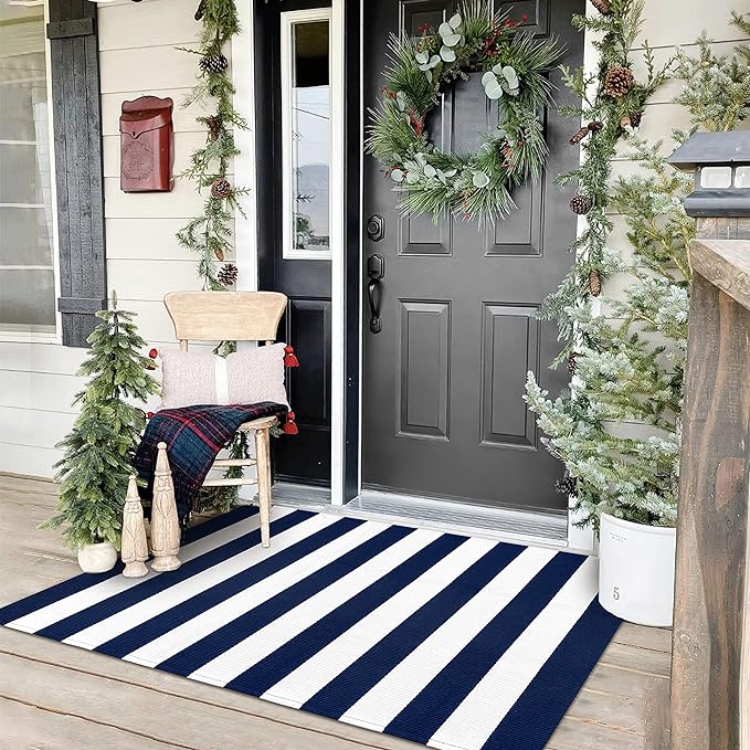 KOZYFLY Striped Outdoor Rug 3x5 Ft Front Door Rug Navy and White Hand Woven Cotton Blue Washable Outdoor Doormats Outdoor Entrance Mat for Front Door Kitchen Entryway Patio Front Porch Decor