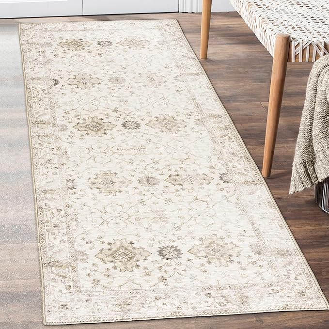 ReaLife Rugs Machine Washable Area Rug Runner - Living Room Bedroom Bathroom Kitchen Entryway Office - Padded Low Pile Stain Resistant Premium - Boho Farmhouse Vintage - BEV - Beige 2'6" x 10'