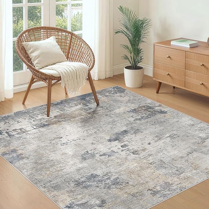 Square Area Rugs : Washable 5x5 Neutral Modern Abstract Carpet for Living Room Bedroom - Soft Floor Mat with Non Slip Backing for Kitchen Nursery Dorms Farmhouse Home Decor - Blue Grey