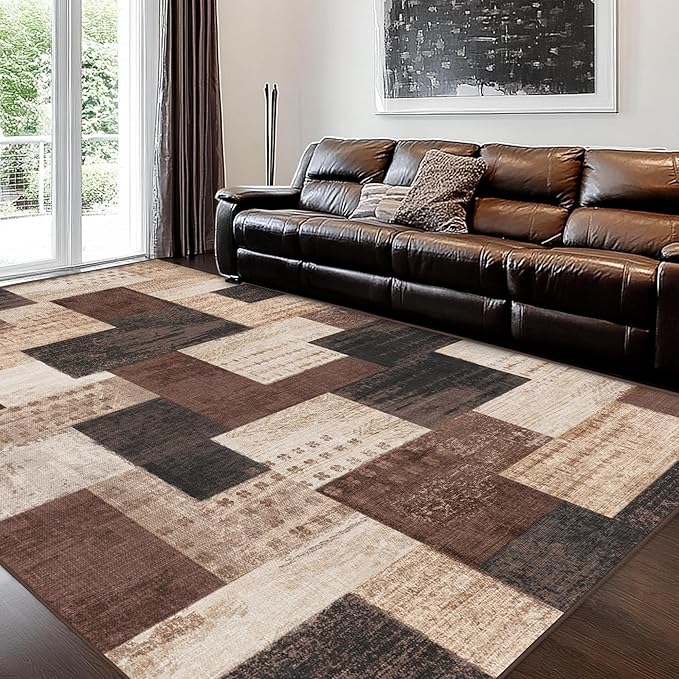 Modern Geometric Patchwork Indoor Area Rug for Living Room, Chocolate 8'x 10' Large Rug Rockwood Collection Hardwood Floors Decor for Bedroom, Brown Throw Carpet for Office Entryway Dining Room