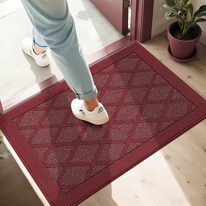 COSY HOMEER Non-Slip Door Mat 24"x36", Entryway Rugs Low Profile Absorbent Dirt Trapper Doormat for Front Entrance, Washable Polypropylene Entry Mat (Red)