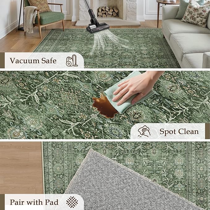 Area Rug 5x7 Green Washable Living Room Carpet Soft Non Slip Vintage Bedroom Indoor Office Traditional Retro Distressed Thicker Throw Large Rug for Dining Room Bathroom Kitchen