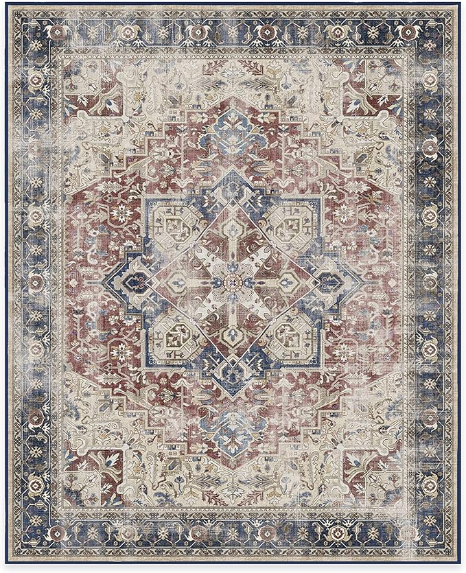 RUGGABLE Washable Vintage Area Rug – Kamran Royal Blue 8x10, Stain-Resistant, Non-Slip – Large Machine Washable Rugs for Living Room, Bedroom, Hallway, Entryway & Office–with Cushioned Pad
