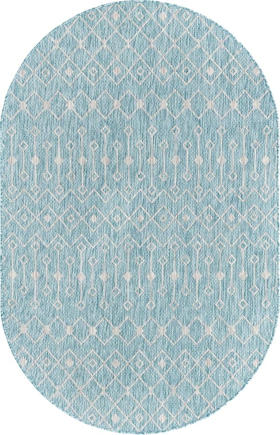 Unique Loom Outdoor Trellis Collection Area Rug - Tribal Trellis (5' 3" x 8' Oval, Aqua/ Ivory)