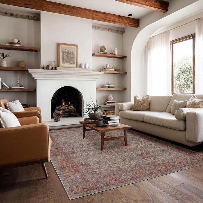 Kuden 5x7 Area Rug, Machine Washable Area Rug with Non-Slip Backing, Vintage Style, Soft, Easy Clean, Low Pile Rug for Living Room, Bedroom, Dining Room