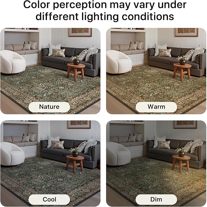 Bavni Area Rugs 6x9- Washable Rug Lightweight Non-Slip, Ultra Thin Low Pile Living Room Rug, Modern Printed Vintage Rugs for Dinning Room Office, Dark Green/Multi