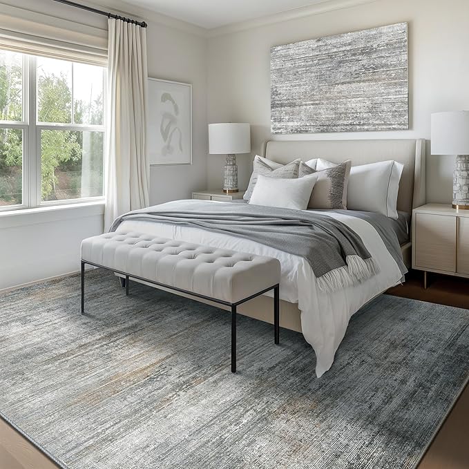 Bavni 9X12 Area Rug, Abstract Modern Living Room Rug, Large Machine Washable Rug Non-Slip, Soft Low Pile Rugs for Bedroom, Playroom, Dining Room, Granite Gray
