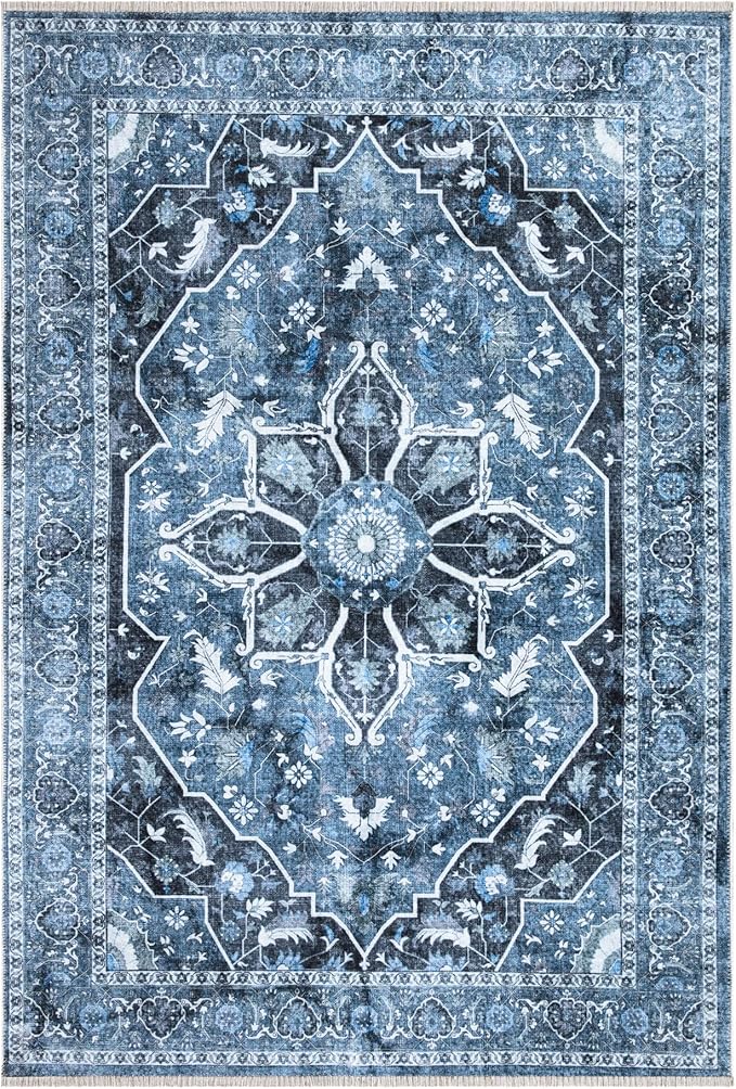 Bloom Rugs Caria Washable Non-Slip 5x7 Rug - Blue/Charcoal Traditional Area Rug for Living Room, Bedroom, Dining Room, and Kitchen - Exact Size: 5' x 7'