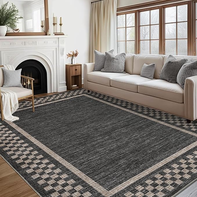 GarveeHome Area Rug 10x13 Living Room Rug Modern Bordered Soft Large Area Rugs for Bedroom Washable Checkered Dining Room Throw Carpet Non Slip Stain Resistant Geometric Rugs for Home Office, Black