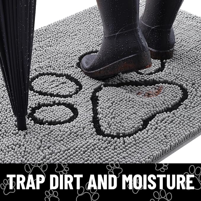 Smiry Dog Door Mat for Muddy Paws, Absorbent Dirt Trapper Non Slip Quick Dry Washable Chenille Mat for Mud Dogs, Entry Rug for Indoor and Outdoor (59x35 Inches, Grey and Black)