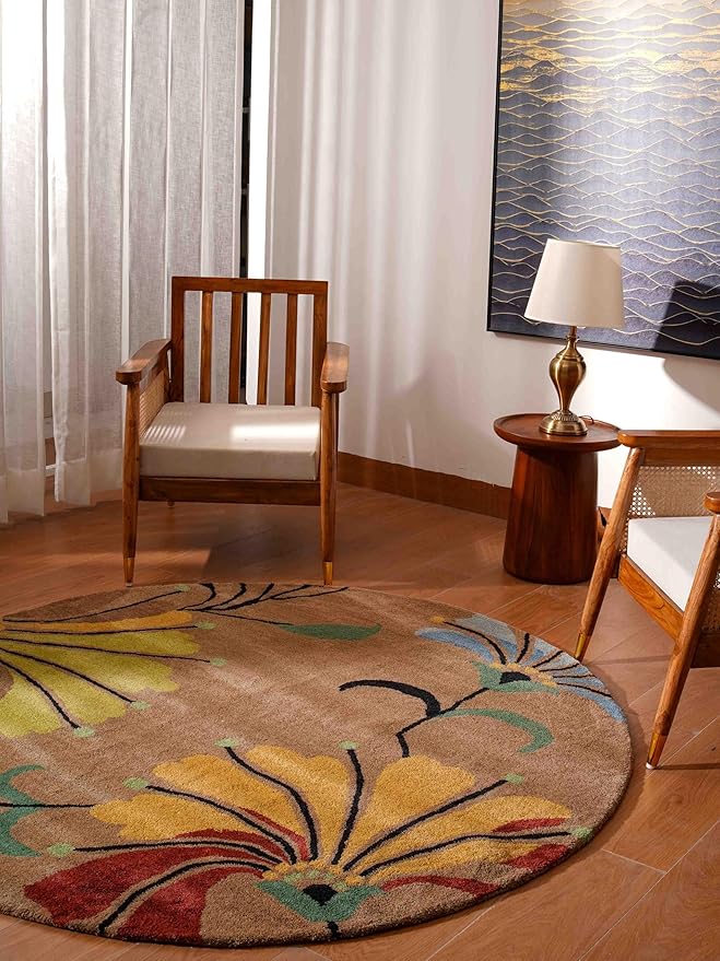 Rugsotic Carpets Hand Tufted Wool ECO-Friendly Area Rugs - 6'x6', Round Shape, Camel, Floral Modern Design, High Pile Thick Handmade Anti Skid Area Rugs for Living Room, Bed Room (K00219)