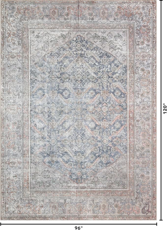 Kuden 8x10 Large Area Rug, Machine Washable Area Rug with Non-Slip Backing, Vintage Style, Soft, Easy Clean, Low Pile Rug for Living Room, Bedroom, Dining Room
