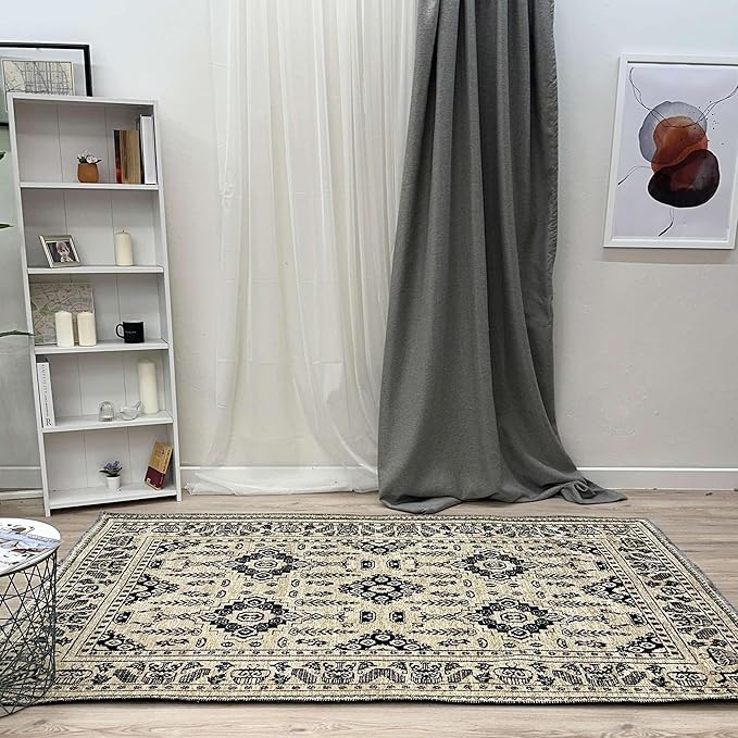 Alfa Rich 7x10 Beige Black Washable Area Rugs for Living Room Bedroom Kitchen Dining Cotton Rug