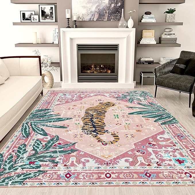 Pink Rug 5x7 Large Washable Animal Print Rug Non-Slip Tropical Jungle Indoor Carpet for Bedroom Nursery Dorm Kitchen Living Room Decor