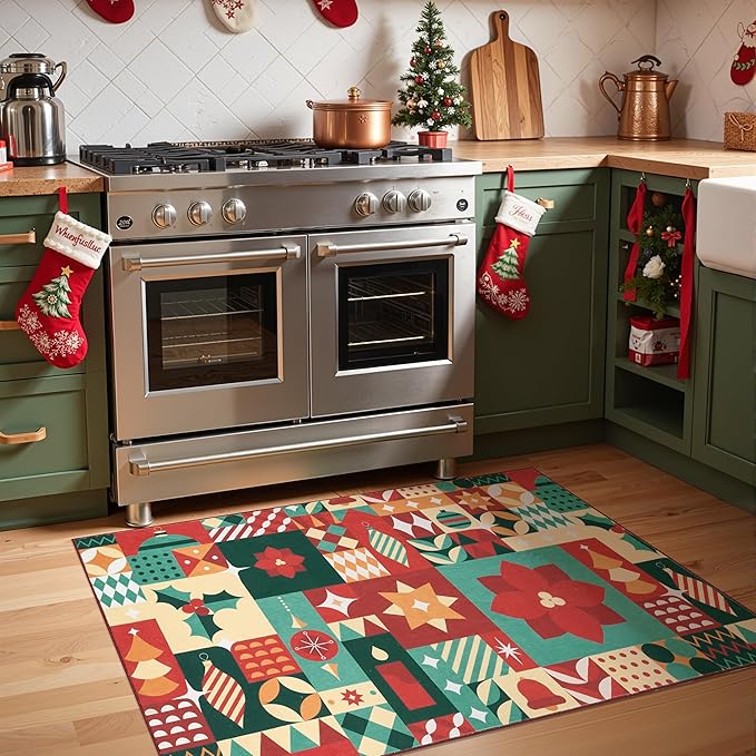 jinchan Christmas Rug 3x5 for Entryway Washable Christmas Bedroom Rug Xmas Geometric Doormat Non-Slip Soft Throw Carpet Festive Red-Green Holiday Patch Decor for Kitchen Living Room Bathroom