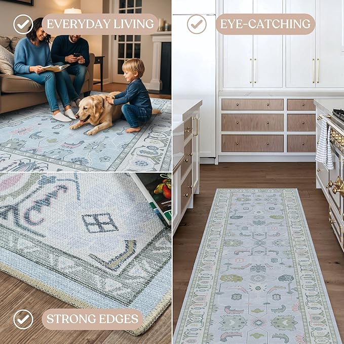 Fame Living Cream Blue Oushak Rug, Modern, Vintage, Turkish, Eclectic, Floral, Pastel, Washable, Extra Large Area Rugs for Living Room, Dining, Bedroom, Lounge, 9'x12'