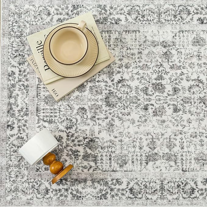 Black Area Rug 9x12 Machine Washable Large Vintage Living Room Distressed Non Slip Carpet Traditional Indoor Bedroom Retro Floral Accent Throw Rug for Office Kitchen Dining Room