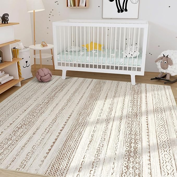 Nakagishi 12x15 Area Rugs Living Room: Washable Boho Large Neutral Modern Soft Farmhouse Rug Stain Resistant Indoor Non-Slip Accent Carpet for Bedroom Nursery Kids Playroom Office Dining Room- Brown