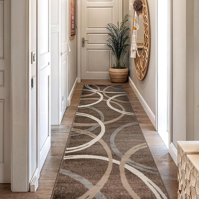 Rugshop Modern Wavy Circles Design Runner Rug, Carpet with Jute Backing for Hallway, Entryway, or Kitchen, Brown, 2'7" x 8'
