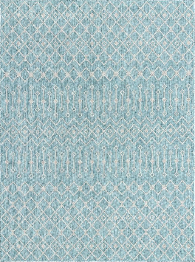 Unique Loom Outdoor Trellis Collection Area Rug - Tribal Trellis (10' x 13' 1" Rectangle, Aqua/ Ivory)