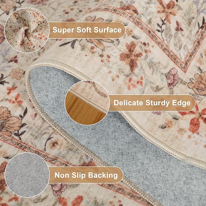 DUKINO 2x4 Rug for Entryway, Lightweight Washable Runner Rug with Non Slip Backing, Vintage Floral Low Pile Small Carpet Runner for Kitchen, Hallway, Entryway, Bathroom, Bedroom, Beige
