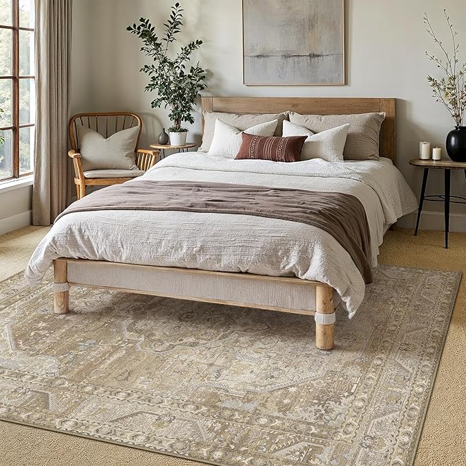 5x7 Washable Vintage Area Rug for Living Room Bedroom Non Slip Distressed Traditional Soft Large Throw Rug Beige Brown Low Pile Lightweight Floral Carpet Office Classroom Dining Laundry Room