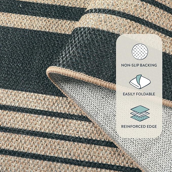 Lahome Striped Easy Jute Front Door Mat, 2x3 Washable Kitchen Rug Small Indoor Outdoor Rugs for Entryway, Farmhouse Neutral Lightweight Non Slip Black Carpet for Foyer