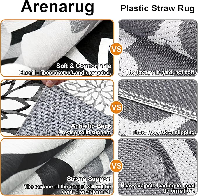 9x12 Outdoor Area Rug Washable Multicolored Patio Rug Tropical Botanical Floral Chenille Waterproof Outdoor Carpet Non-Slip for Deck, Backyard, Porch, Black