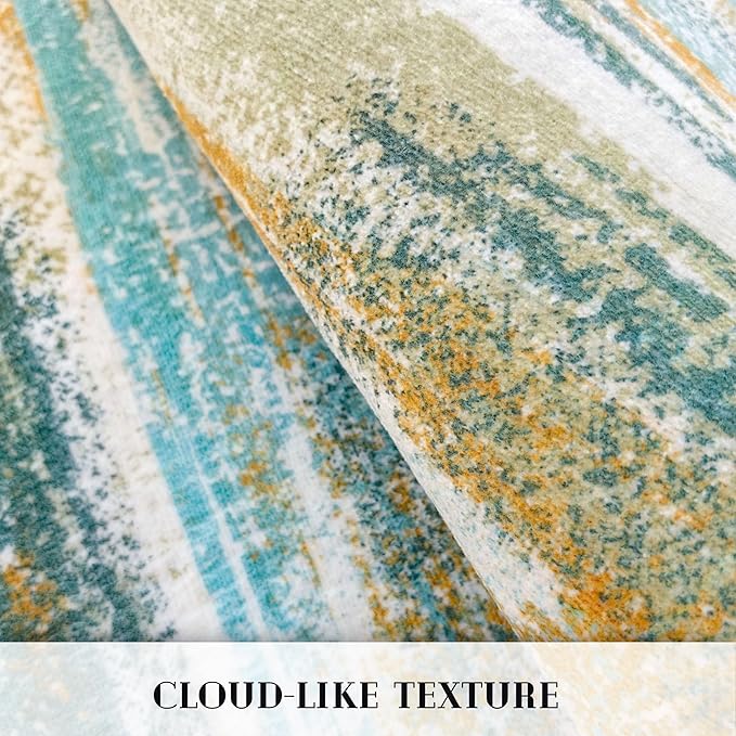Modern Abstract 4x6 Living Room Washable Rug Non-Slip Soft Bedroom Area Rug Green Mustard Multi Thin Print Faux Wool Floor Carpet Throw Rugs for Nursery Playroom Dining Room Indoor Office