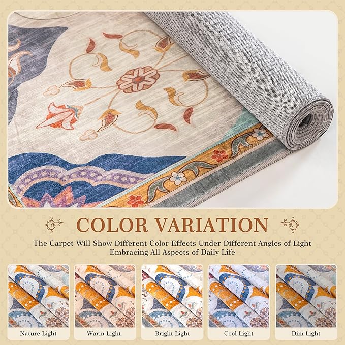 EnHomee Area Rugs 3x5, Soft Washable Rugs for Living Room Bedroom, Boho Non Slip Low Pile Stain Resistant Washable Rug Large Carpet for Dining Room,Easy to Clean Living Room Rug, Colorful