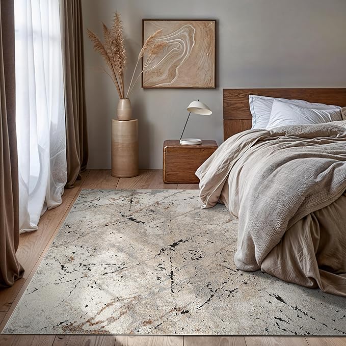 Rugshop Drifted Marble Abstract Area Rug Durable, Kid & Pet Friendly Gray, Ivory, Neutral Tones 6' 6" x 9' Great for Under Dining Sets, Large Bedrooms, or Home Offices