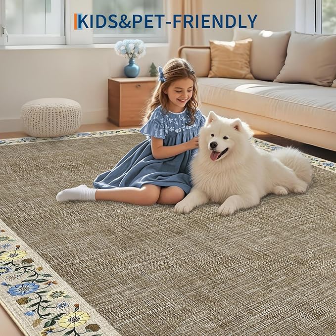 GarveeHome Washable Rugs for Living ROM 8 x 10 Large Area Rug Farmhouse Floral Bordered Bedroom Carpet Indoor Non-Slip Nursery Mat Soft Non Shedding Stain Resistant Carpet for Dining Room, Dark Camel