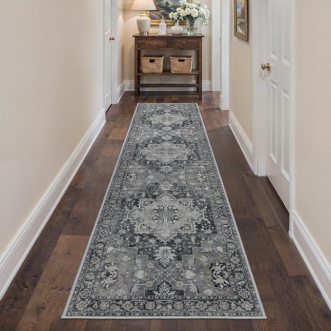 Runner Rug 2'6''x10, Machine Washable Runners, Non Slip Vintage Hallway Runner Rugs, Low Pile Lightweight Mat for Entryway, Hallway, Kitchen and Corridor, Dark Gray