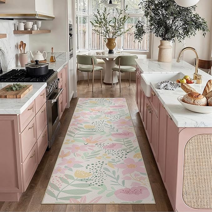 Floral Runner Rug 3x8 Washable Hallway Pink Bedroom Non Slip Cute Long Kitchen Carpet Botanical Indoor Soft Accent Rug for Bathroom Dining Laundry Living Room