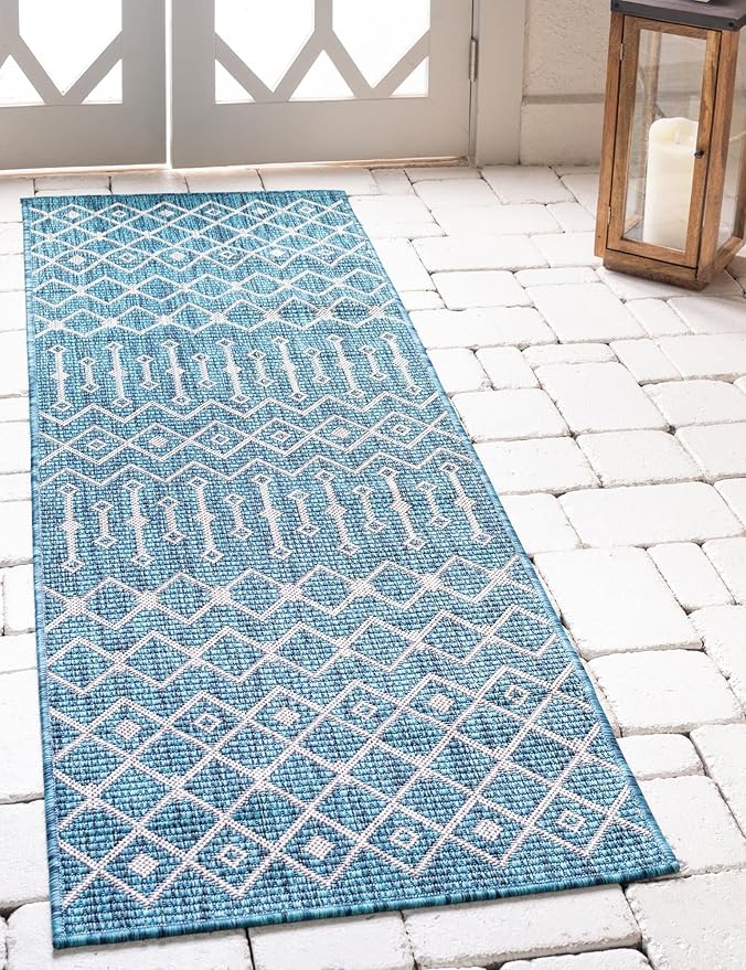 Unique Loom Outdoor Trellis Collection Area Rug - Tribal Trellis (2' x 8' Runner, Teal/ Ivory)