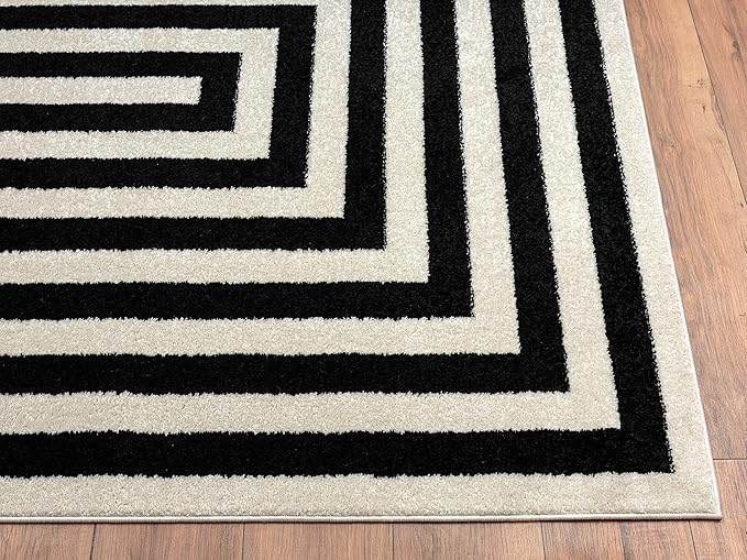 Abani Contemporary Area Rug, Contrasting Geometric Modern Stripe Symmetrical Living Room Carpet Rugs (Ivory Black, 2'2 x 12')